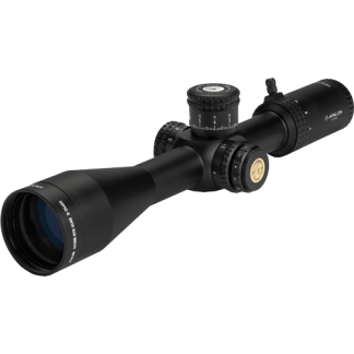Black riflescope with multiple adjustment dials and a large front lens for precision aiming
