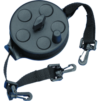 Retractable badge reel with black strap and two clip hooks for holding an ID badge or keys.