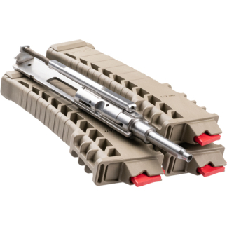 Disassembled rifle bolt and barrel resting on tan protective carrying cases with red latches.