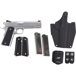Silver semi-automatic pistol with black grips, plus four magazines, a black holster, and two magazine pouches laid out.