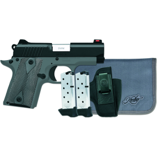 Semi-automatic pistol with two metal magazines and a blue carrying case/holster visible beside it, illustrating a handgun accessory set