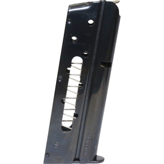 Black detachable pistol magazine with visible feed lips and spring inside the aligned round holes across its body, angled vertical.