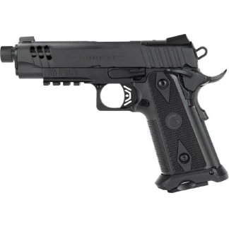 Black semi-automatic handgun shown in right-side profile with textured grip and rails, viewed from the side
