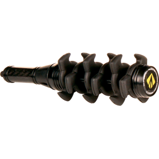 Black plastic spiral auger with multiple blades along a central shaft and a circular end cap with a yellow logo