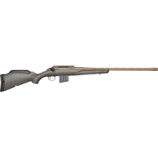 Hunting rifle with a camouflaged stock, detachable magazine, and a long rifled barrel ending in a muzzle brake.