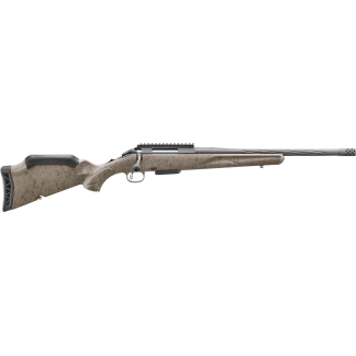 Bolt-action hunting rifle with a sandy camouflage stock and a perforated muzzle brake at the muzzle end
