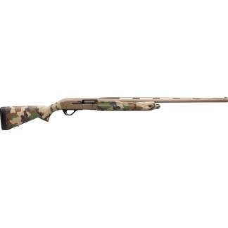 Camouflage-pattern long-barreled shotgun viewed from the side, showing a beige receiver and camo stock and forend on a white background.
