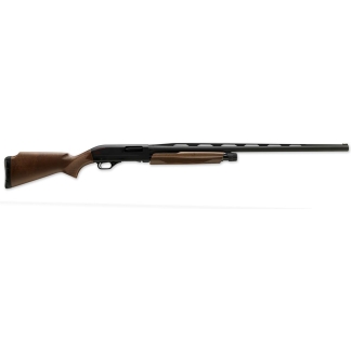 Profile view of a long-barrel shotgun with a wooden stock and forend, shown on a white background.