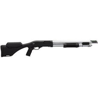 Black pump-action shotgun with a long silver barrel, black forend, and a textured pistol grip; collapsible stock on the left side.