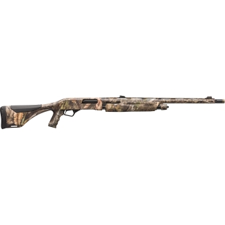 Camouflage-pattern hunting rifle with synthetic stock and long barrel viewed from the side