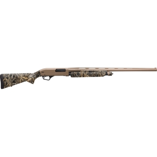 Camouflage-patterned semi-automatic shotgun with a tan receiver and long barrel.