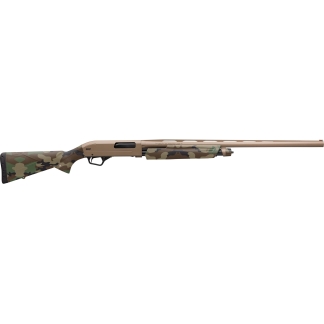 Camouflage-pattern shotgun with a tan receiver and long barrel against a white background.
