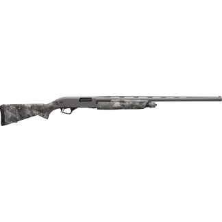 Side view of a camouflage-patterned semi-automatic shotgun with a gray receiver and long barrel.