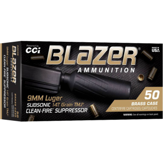 Box of Blazer Ammunition for 9mm Luger, 50 brass-case rounds, subsonic 147 grain TMJ, clean-fire suppressor label visible