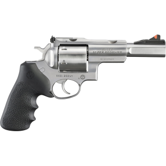 Side view of a stainless Ruger Super Redhawk .44 Magnum revolver with a black textured grip and orange front sight, shown horizontally to the right.