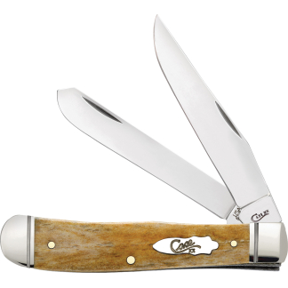 Open pocket knife with two stainless blades and a light-brown wooden handle.