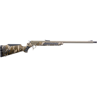 Bolt-action rifle with tan camouflage pattern, long barrel and ergonomic stock on a white background.