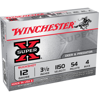 Box of Winchester Super-X Buckshot 12 gauge ammunition, Deer & Predator edition, 3 1/2 inch, Velocity 1150, 54 pellets, 4 buck