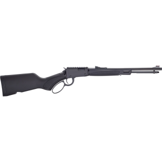 Black bolt‑action rifle with a synthetic stock and fore-end, curved trigger guard, and a long barrel.