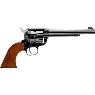 Six-shot revolver with a wooden grip facing right, against a white background