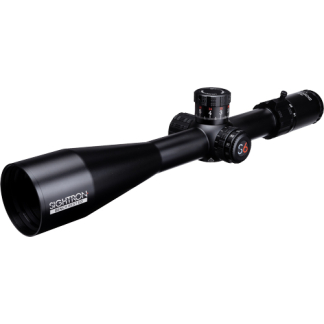 Black rifle scope with adjustable turrets and magnification markings; Sightron brand.