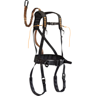 Full‑body safety harness with chest, waist, and leg straps, plus orange lanyards for fall protection.