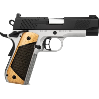 Side view of a semi-automatic pistol with a stainless frame, black slide, and wooden grip panels.