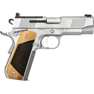 Side view of a silver semi-automatic pistol with a wooden grip and black textured panels.