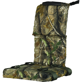 Camouflage folding hunting chair with padded backrest and multiple strap fasteners