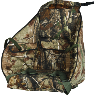 Camouflage hunting chair/seat with green straps and multiple pockets for field use.