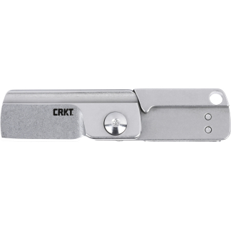 Silver utility knife (box cutter) with CRKT branding and exposed blade housing, shown from the side in a closed position.
