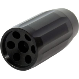 Black cylindrical round electrical connector housing with seven circular holes (one center, six around it).