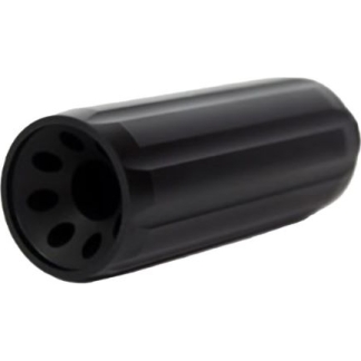 Black cylindrical plastic part with a hollow end showing several circular holes