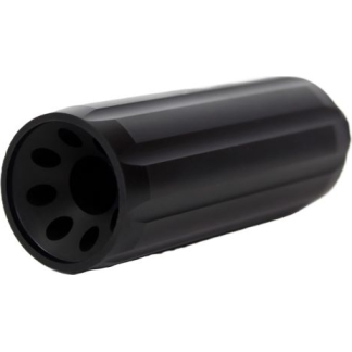 Black cylindrical gun suppressor (silencer) shown from the side, front end with multiple cartridge-like holes visible