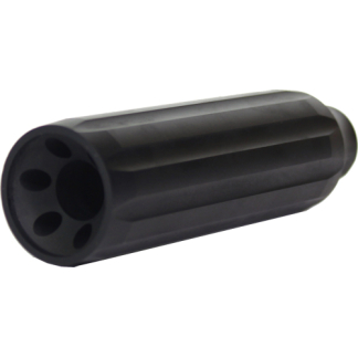 Black cylindrical firearm suppressor (silencer) with vented end, shown at an angle.