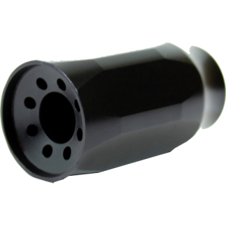 Close-up of a black plastic cylindrical device with a perforated circular face and a central opening.
