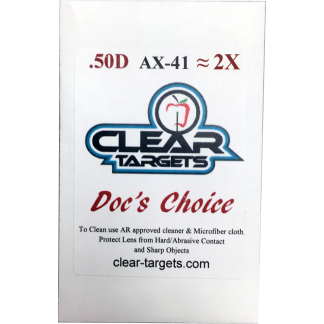 Product tag for Clear Targets Doc's Choice AR cleaner with text '.50D AX-41 ≈ 2X' and website clear-targets.com