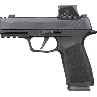 Close-up side view of a SIG Sauer P365 compact handgun with a mounted optic and textured grip.