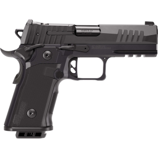 Side profile of a black SIG Sauer semi-automatic pistol with textured grip and accessory rail on the frame tailing a long, serrated slide.