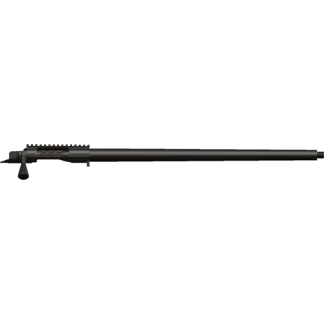 Long black rifle barrel with front sight and bipod, viewed from the side.