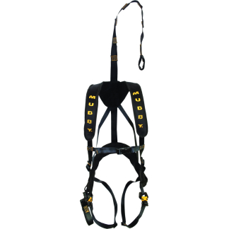 Full-body climbing harness with padded shoulders and leg straps, black with yellow Muddy branding.
