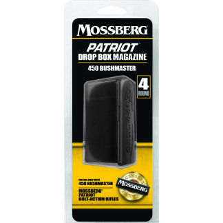 Mossberg Patriot Drop Box Magazine packaging for 450 Bushmaster, four rounds, with a black magazine image on a black and yellow label.