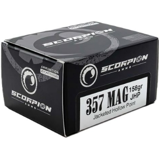 Box of Scorpion Ammunition labeled 357 MAG 158gr JHP jacketed hollow point, 20 cartridges inside box