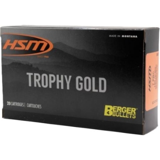 Box of HSM Trophy Gold ammunition with 20 cartridges, featuring Berger Bullets branding and 'Made in Montana' text.