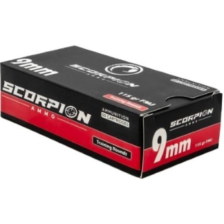 Box of Scorpion 9mm training ammunition, 50 cartridges, black and red packaging on a white background.