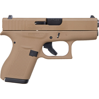 Side view of a tan semi-automatic handgun with a textured grip and black trigger.