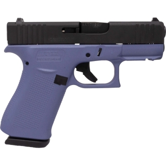 Close-up of a blue handgun grip and trigger area, showing a black slide on top and textured grip surface