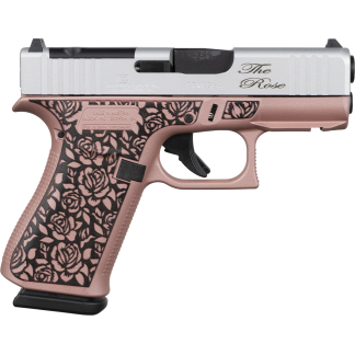Decorative semi-automatic pistol with a pink floral grip and silver slide, branded 'The Rose'.