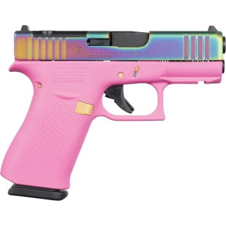 Side view of a pink handgun with a rainbow iridescent slide.