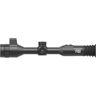 Black riflescope with adjustment turrets and sunshade, showing a long tube and objective lens on a white background.